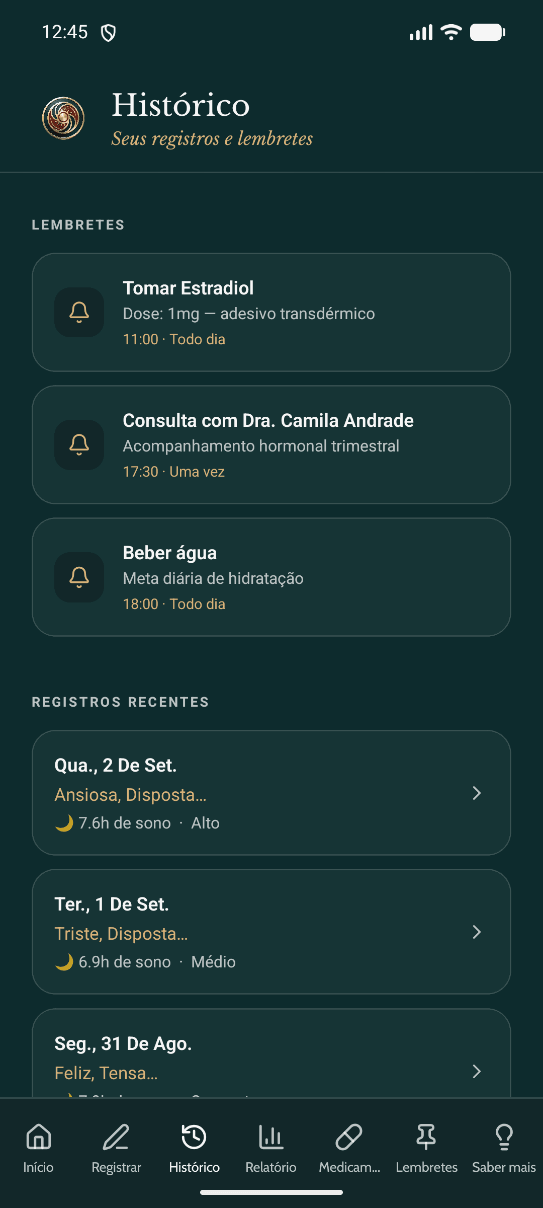 Tela de Histórico do aplicativo Saggia