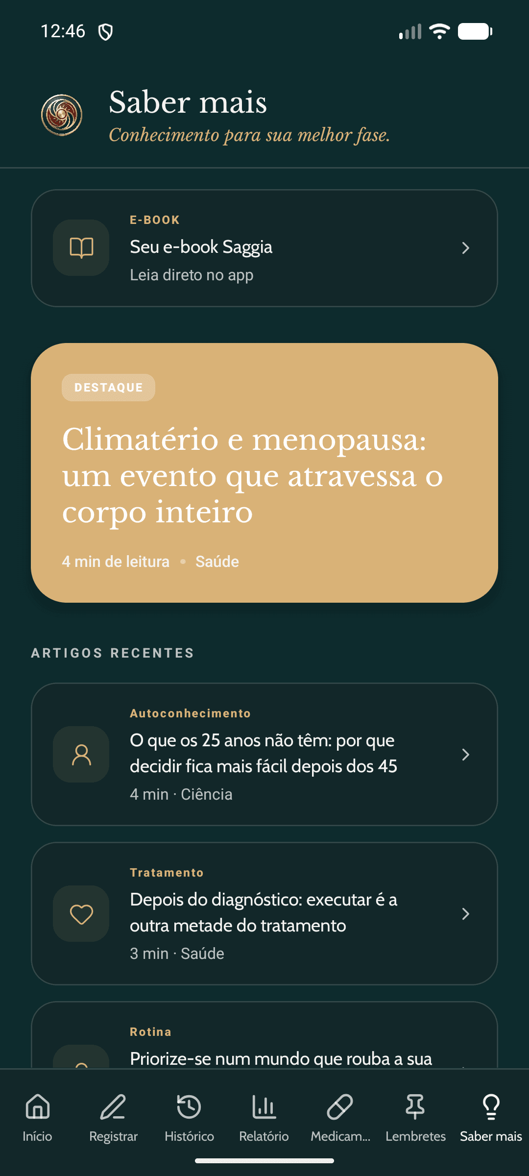 Tela de Saber Mais do aplicativo Saggia